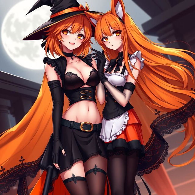 A sexy gothic anime witch girl with shoulder-length orange hair styled beautifully, topped with a classic witch's hat