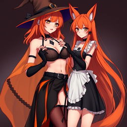 A sexy gothic anime witch girl with shoulder-length orange hair styled beautifully, topped with a classic witch's hat