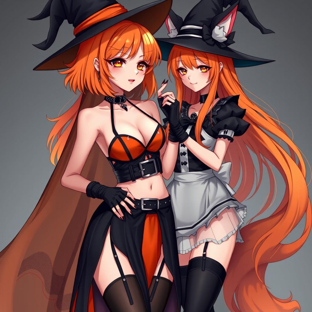 A sexy gothic anime witch girl with shoulder-length orange hair styled beautifully, topped with a classic witch's hat