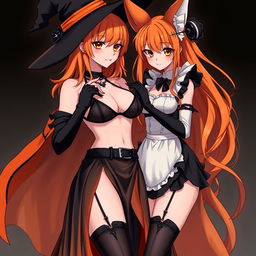 A sexy gothic anime witch girl with shoulder-length orange hair styled beautifully, topped with a classic witch's hat