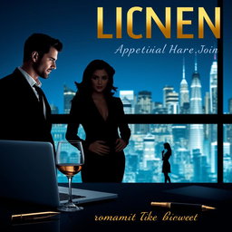 A sleek, modern cityscape at night, featuring illuminated skyscrapers glowing against the deep blue sky