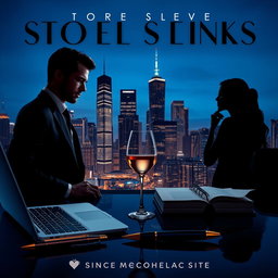 A sleek, modern cityscape at night, featuring illuminated skyscrapers glowing against the deep blue sky