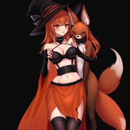 A sexy gothic anime witch girl with shoulder-length orange hair and thick red lips, adorned with a classic witch's hat