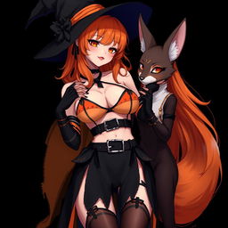 A sexy gothic anime witch girl with shoulder-length orange hair and thick red lips, adorned with a classic witch's hat
