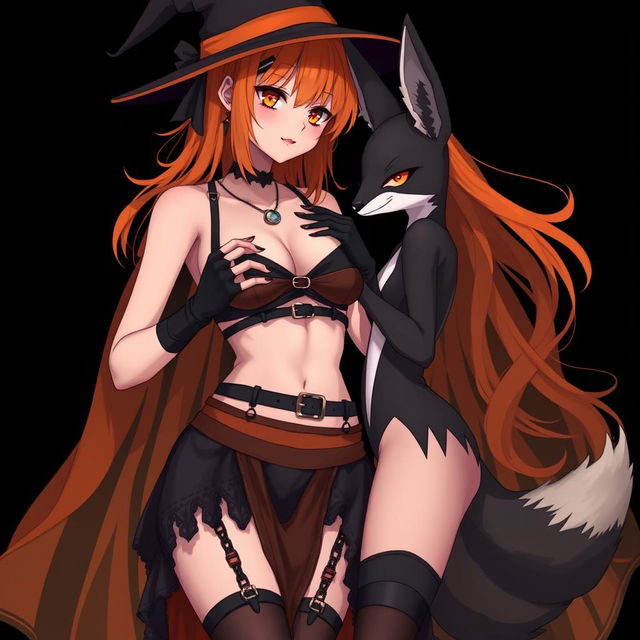 A sexy gothic anime witch girl with shoulder-length orange hair and thick red lips, adorned with a classic witch's hat