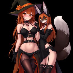 A sexy gothic anime witch girl with shoulder-length orange hair and thick red lips, adorned with a classic witch's hat