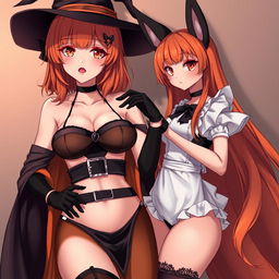A sexy gothic anime witch girl with shoulder-length orange hair styled beautifully and thick red lips, wearing a classic witches hat