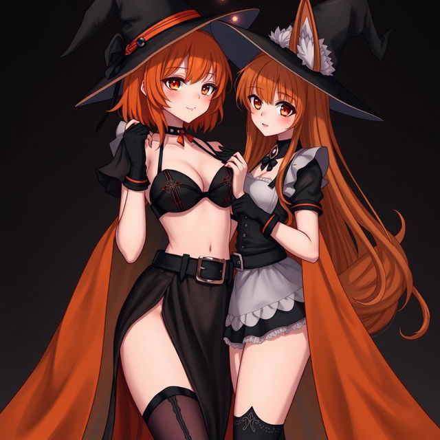 A sexy gothic anime witch girl with shoulder-length orange hair styled beautifully and thick red lips, wearing a classic witches hat