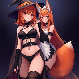 A sexy gothic anime witch girl with shoulder-length orange hair styled beautifully and thick red lips, wearing a classic witches hat