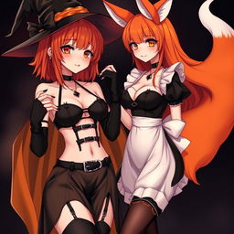 A sexy gothic anime witch girl with shoulder-length orange hair styled beautifully and thick red lips, wearing a classic witches hat