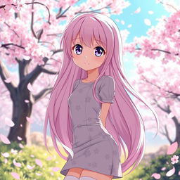 A stunning anime-style waifu with long, flowing pastel pink hair, large expressive violet eyes, and a cute, playful expression