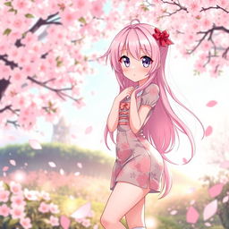 A stunning anime-style waifu with long, flowing pastel pink hair, large expressive violet eyes, and a cute, playful expression
