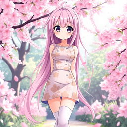 A stunning anime-style waifu with long, flowing pastel pink hair, large expressive violet eyes, and a cute, playful expression