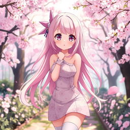 A stunning anime-style waifu with long, flowing pastel pink hair, large expressive violet eyes, and a cute, playful expression