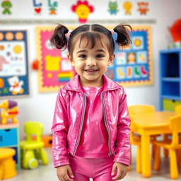 A cheerful preschool girl with short hair styled in pigtails, dressed in shiny pink latex leggings and a shiny pink latex long-sleeved shirt