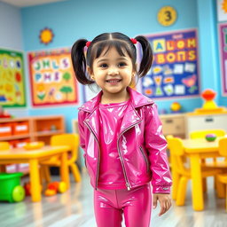 A cheerful preschool girl with short hair styled in pigtails, dressed in shiny pink latex leggings and a shiny pink latex long-sleeved shirt