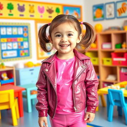 A cheerful preschool girl with short hair styled in pigtails, dressed in shiny pink latex leggings and a shiny pink latex long-sleeved shirt
