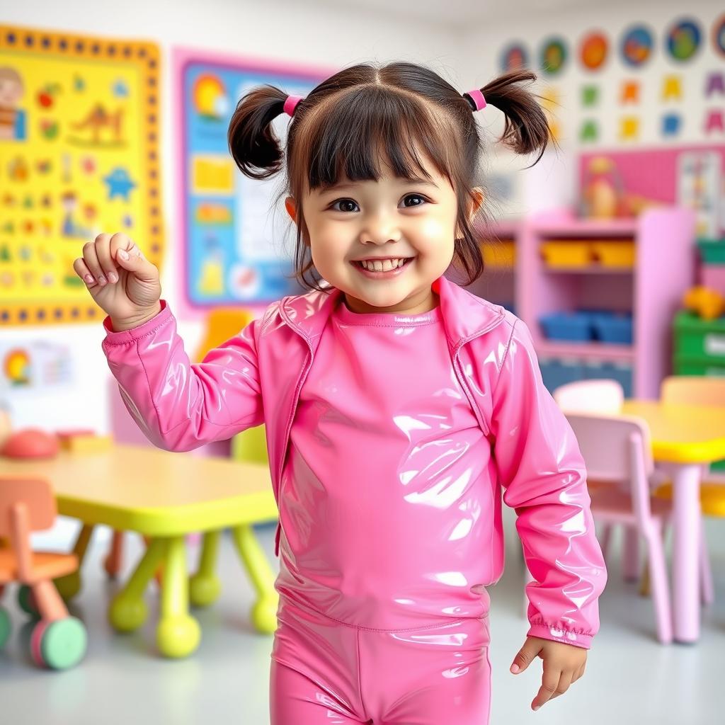 A cheerful preschool girl with short hair styled in pigtails, dressed in shiny pink latex leggings and a shiny pink latex long-sleeved shirt