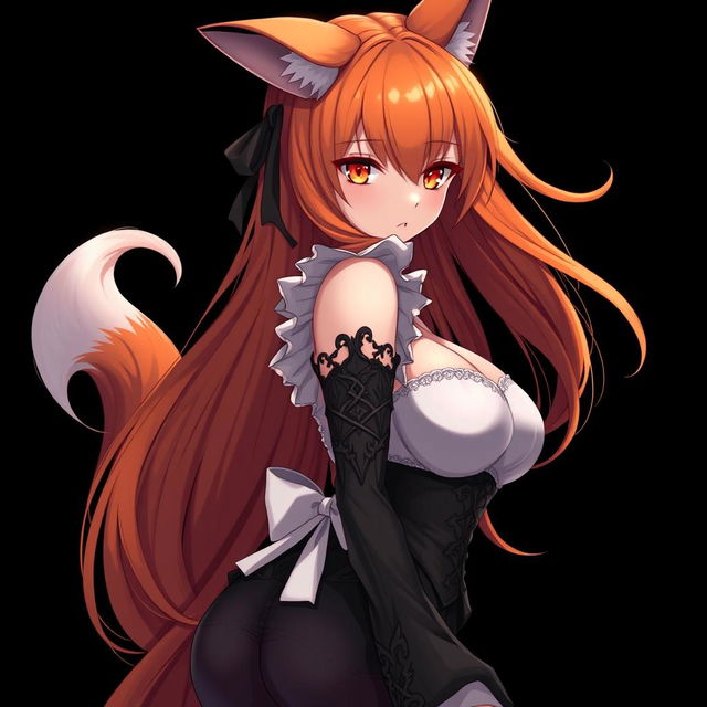 A sexy gothic anime kitsune girl with long orange hair flowing down to her lower back