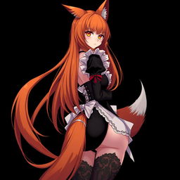A sexy gothic anime kitsune girl with long orange hair flowing down to her lower back