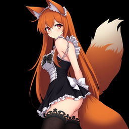 A sexy gothic anime kitsune girl with long orange hair flowing down to her lower back