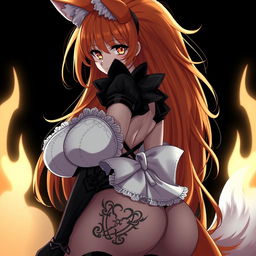 A sexy gothic anime kitsune girl with long orange hair flowing down to her lower back