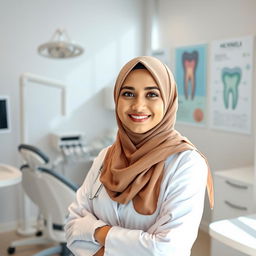 A professional female dentist wearing a hijab, standing confidently in her modern dental office