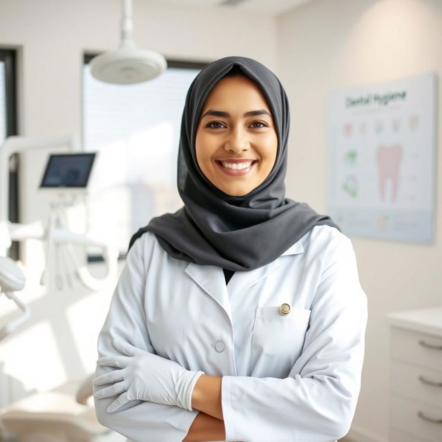 A professional female dentist wearing a hijab, standing confidently in her modern dental office