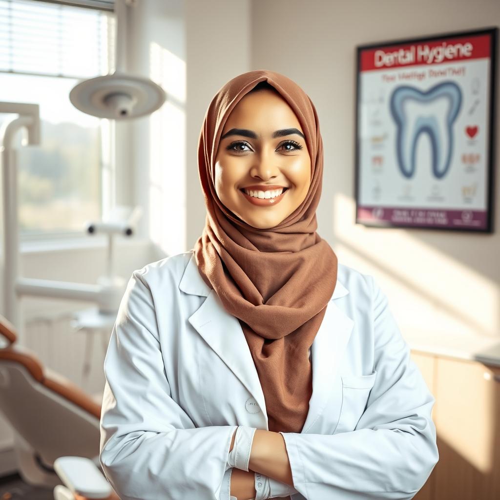 A professional female dentist wearing a hijab, standing confidently in her modern dental office
