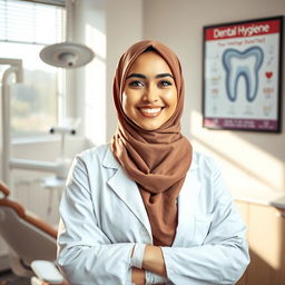 A professional female dentist wearing a hijab, standing confidently in her modern dental office