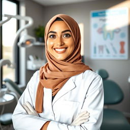 A professional female dentist wearing a hijab, standing confidently in her modern dental office
