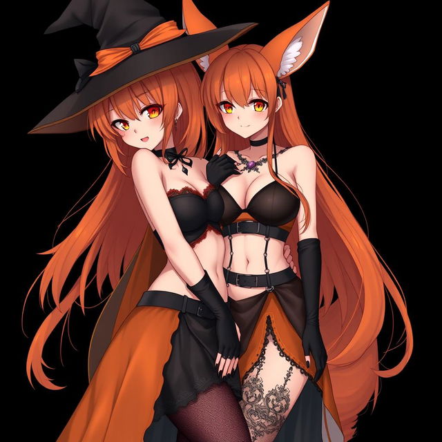 A sexy gothic anime witch girl with shoulder-length orange hair and thick red lips, elegantly wearing a classic witches hat