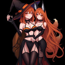 A sexy gothic anime witch girl with shoulder-length orange hair and thick red lips, elegantly wearing a classic witches hat