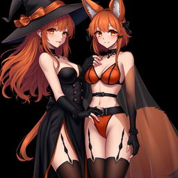 A sexy gothic anime witch girl with shoulder-length orange hair and thick red lips, elegantly wearing a classic witches hat