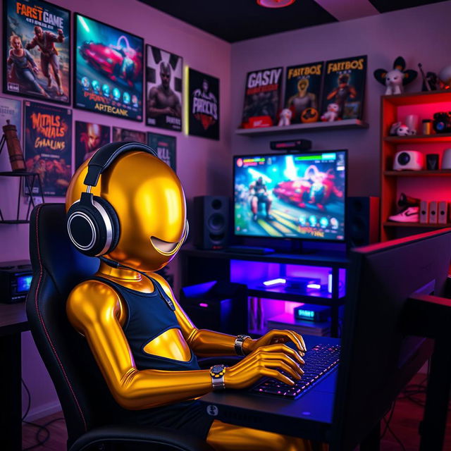 A golden humanoid figure, resembling a stylized golden person, intensely immersed in playing video games in a modern, cozy studio room