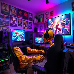 A golden humanoid figure, resembling a stylized golden person, intensely immersed in playing video games in a modern, cozy studio room