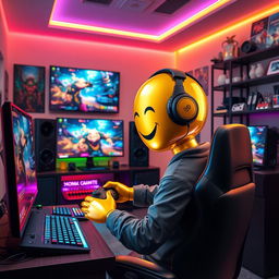 A golden humanoid figure, resembling a stylized golden person, intensely immersed in playing video games in a modern, cozy studio room