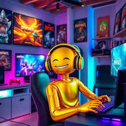 A golden humanoid figure, resembling a stylized golden person, intensely immersed in playing video games in a modern, cozy studio room