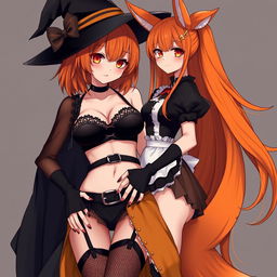 A sexy gothic anime witch girl with shoulder-length orange hair and thick red lips, wearing a classic witches hat