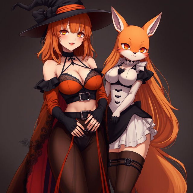 A sexy gothic anime witch girl with shoulder-length orange hair and thick red lips, wearing a classic witches hat