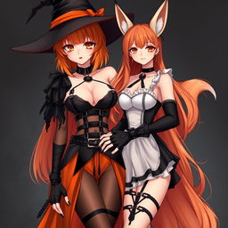 A sexy gothic anime witch girl with shoulder-length orange hair and thick red lips, wearing a classic witches hat