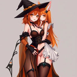 A sexy gothic anime witch girl with shoulder-length orange hair and thick red lips, wearing a classic witches hat