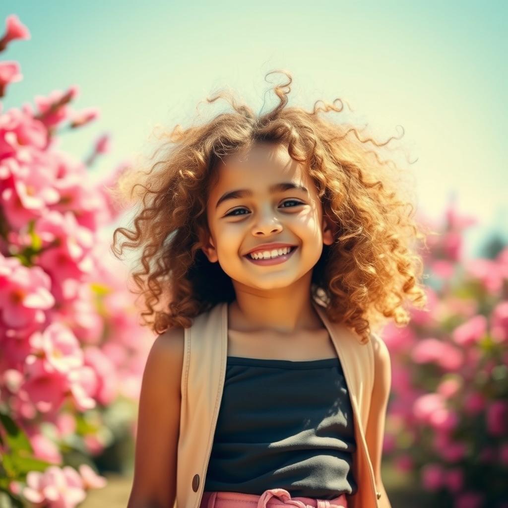 A beautiful girl with curly, voluminous hair, radiating joy and confidence