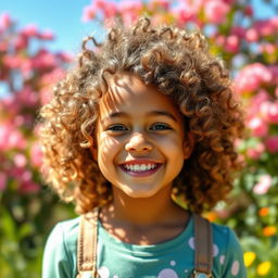 A beautiful girl with curly, voluminous hair, radiating joy and confidence
