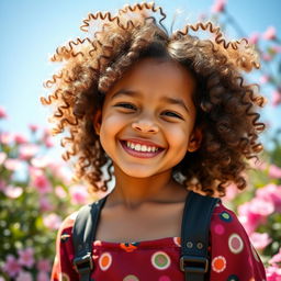 A beautiful girl with curly, voluminous hair, radiating joy and confidence