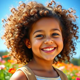 A beautiful girl with curly, voluminous hair, radiating joy and confidence