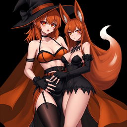A sexy gothic anime witch girl with shoulder-length orange hair and thick red lips, elegantly wearing a classic witches hat