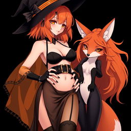 A sexy gothic anime witch girl with shoulder-length orange hair and thick red lips, elegantly wearing a classic witches hat