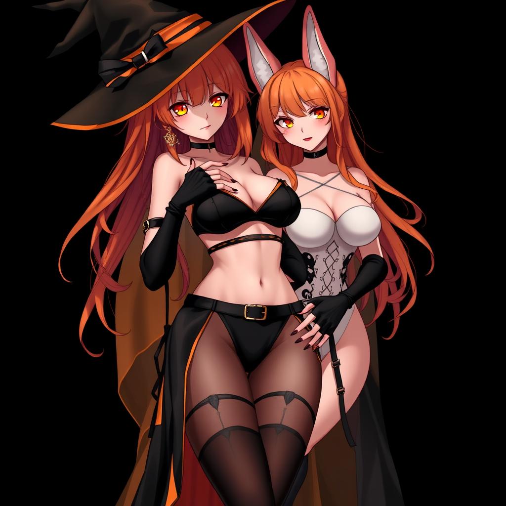 A sexy gothic anime witch girl with shoulder-length orange hair and thick red lips, elegantly wearing a classic witches hat