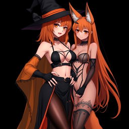 A sexy gothic anime witch girl with shoulder-length orange hair and thick red lips, elegantly wearing a classic witches hat